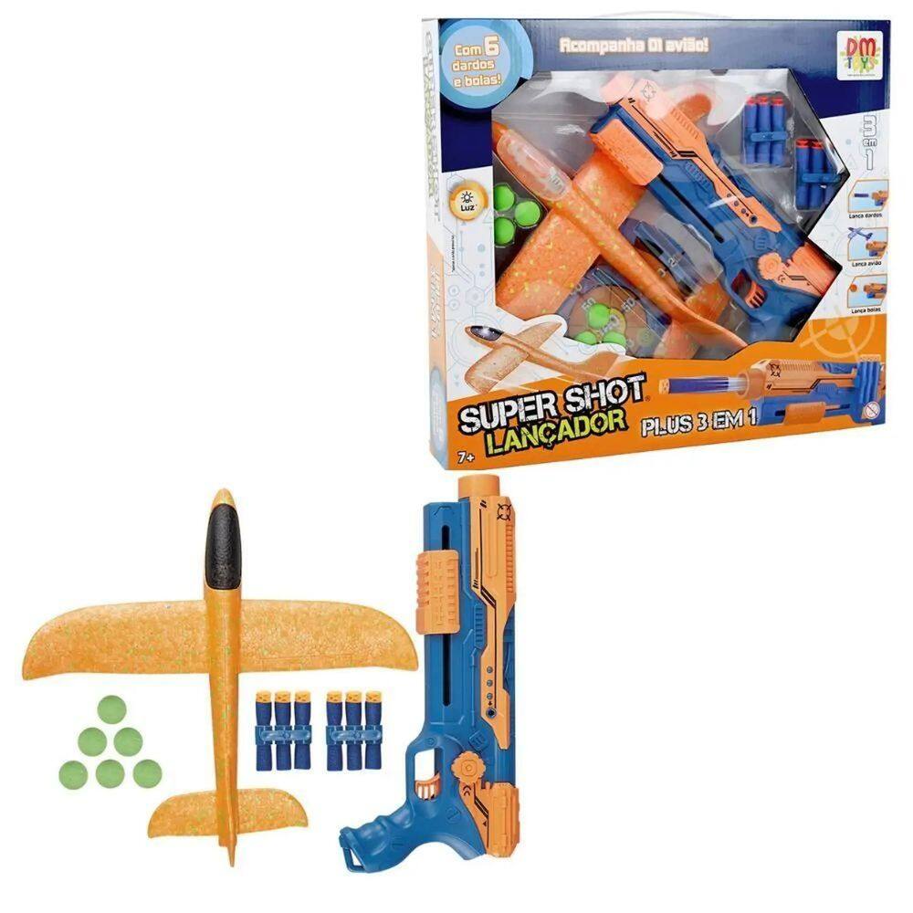 Super Lançador Shot Plus 3 em 1 Avião Dardos Bolas - DMTOYS