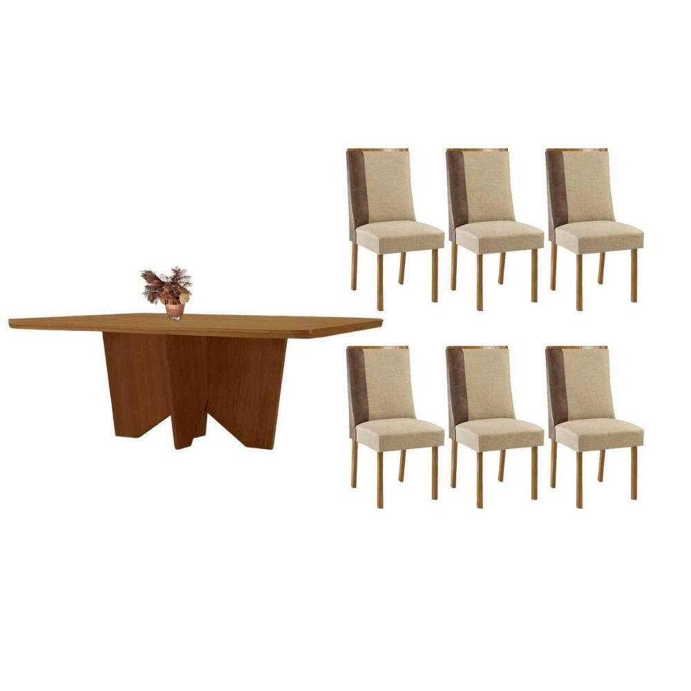 Conjunto: Mesa de Cozinha Nevada c/ Tampo Madeirado Canto Curvo 180x90cm e 6 Cadeiras Tilia Naturale - Linho Bege - Rufato