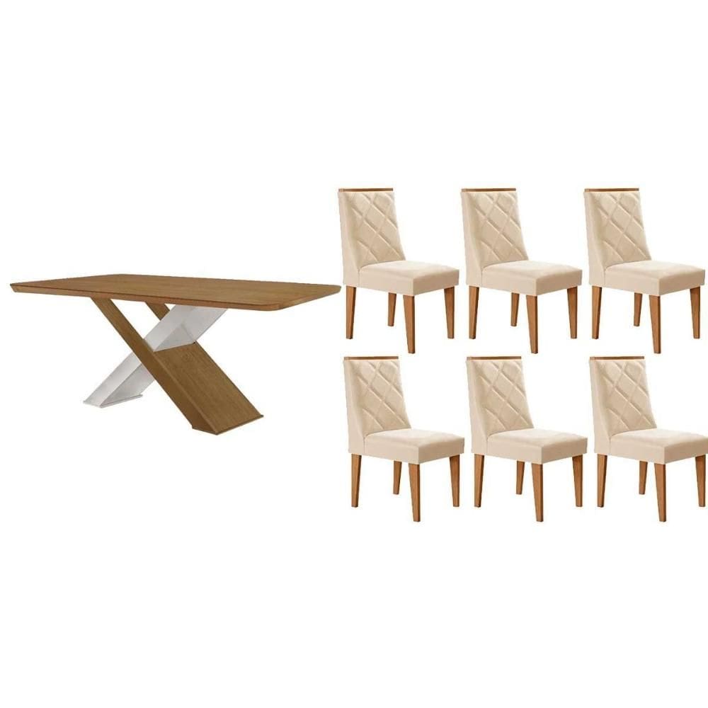 Conjunto: Mesa de Cozinha Imperatriz c/ Tampo Madeirado Canto Curvo 180x90cm e 6 Cadeiras Pietá Naturale/Off White - Suede Creme - Rufato