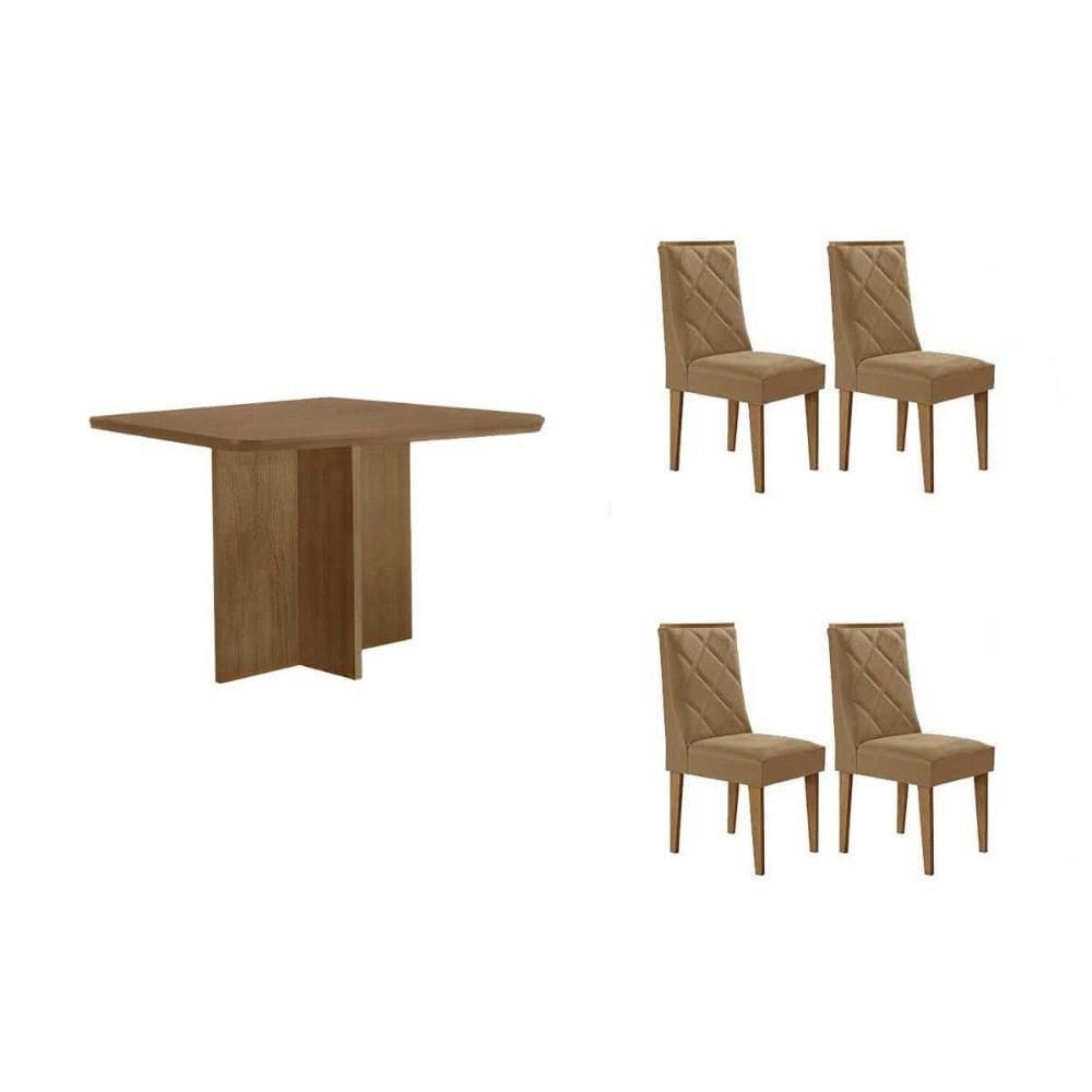 Conjunto: Mesa de Cozinha Berlim c/ Tampo Madeirado Canto Curvo 90x90cm e 4 Cadeiras Pietá Naturale - Linho Bege - Rufato