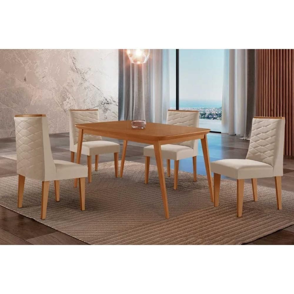 Conjunto: Mesa de Cozinha Havana c/ Tampo Madeirado Canto Curvo 120x80cm e 4 Cadeiras Dafne Naturale - Suede Creme - Rufato