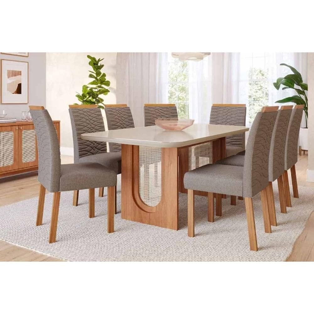 Conjunto: Mesa Sala Jantar Valentina c/ Tampo Madeirado c/ Vidro 210x100cm e 8 Cadeiras Clarice Cinamomo/Off White - Carvalho/Linho Bege - Cimol