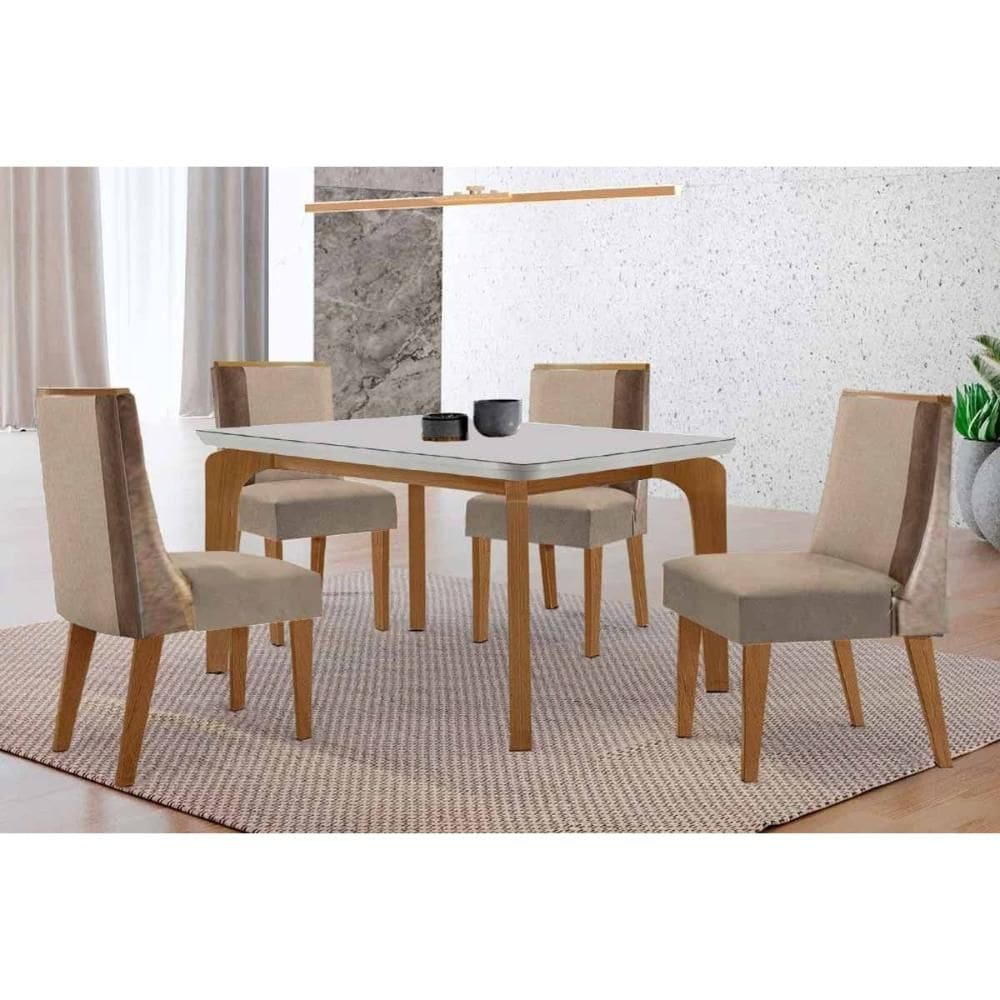 Conjunto: Mesa de Cozinha Londrina c/ Tampo Madeirado c/ Vidro Canto Curvo 120x80cm 4 Cadeiras Tilia Naturale/Off White - Linho Capuccino - Rufato