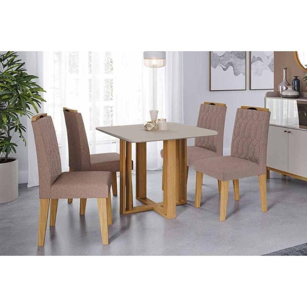 Conjunto: Mesa de Cozinha Flora Tampo Madeirado c/ Vidro 95x95cm e 4 Cadeiras Paola Cinamomo/Off White - Carvalho/Linho Bege - Cimol