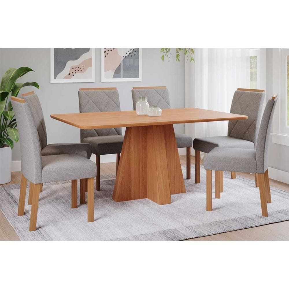 Conjunto: Mesa de Cozinha Maitê Tampo Madeirado 160x80cm e 6 Cadeiras Fernanda Cinamomo - Carvalho/Linho Grafite - Cimol