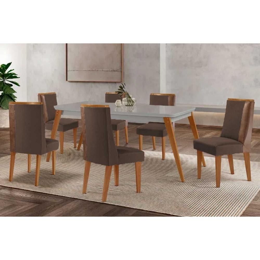 Conjunto: Mesa de Cozinha Havana c/ Tampo Madeirado c/ Vidro Canto Curvo 180x90cm e 6 Cadeiras Tilia Naturale/Off White - Suede Marrom - Rufato