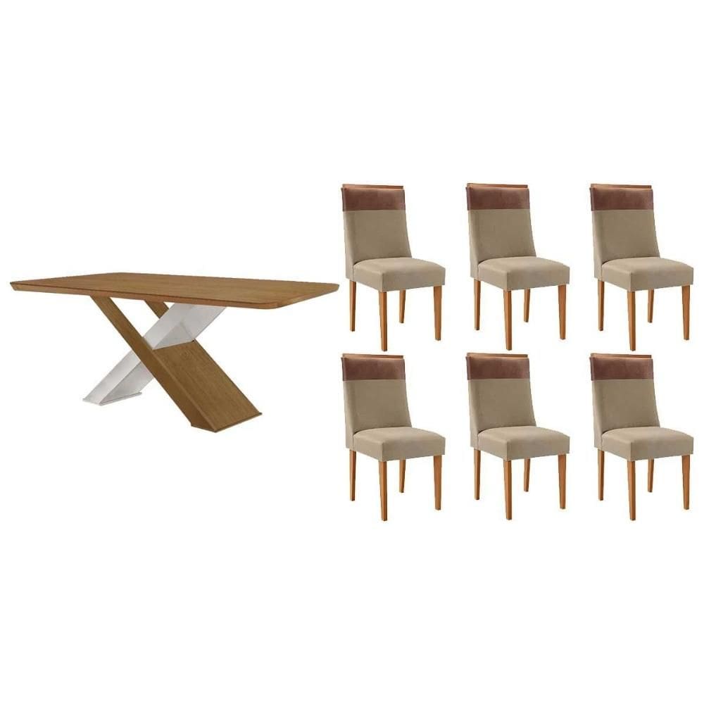Conjunto: Mesa de Cozinha Imperatriz c/ Tampo Madeirado Canto Curvo 180x90cm e 6 Cadeiras Jaspe Naturale/Off White - Linho Bege - Rufato