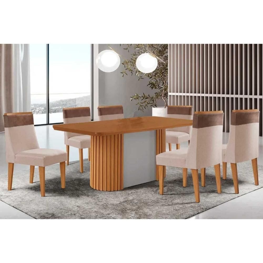 Conjunto: Mesa de Cozinha Pilar c/ Tampo Madeirado Canto Curvo 180x90cm e 6 Cadeiras Jaspe Naturale/Off White - Suede Creme - Rufato