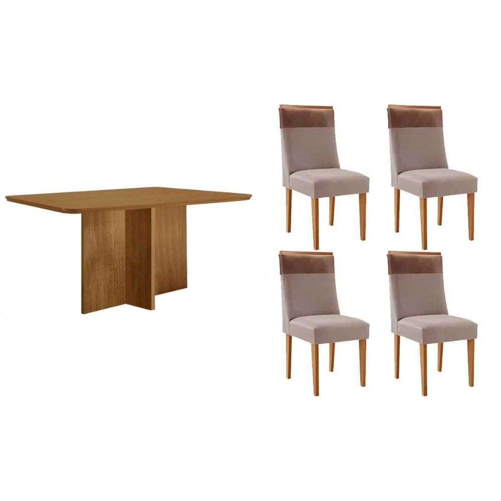 Conjunto: Mesa de Cozinha Berlim c/ Tampo Madeirado Canto Curvo 120x80cm e 4 Cadeiras Jaspe Naturale - Linho Capuccino - Rufato