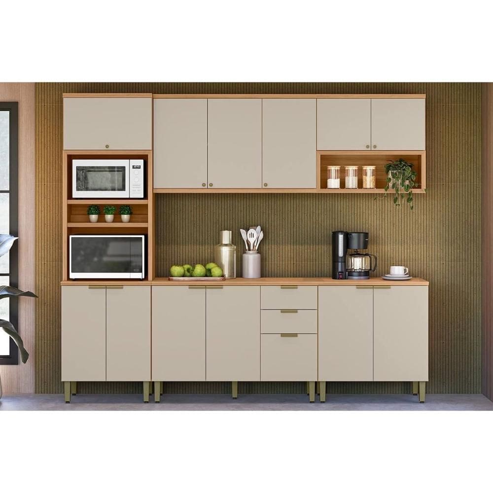 Cozinha Modulada Completa Selene 5 Peças (2Aéreos+2Balcões+1Paneleiro) CP03 Jequitiba/Off White Fosco - Linea Brasil