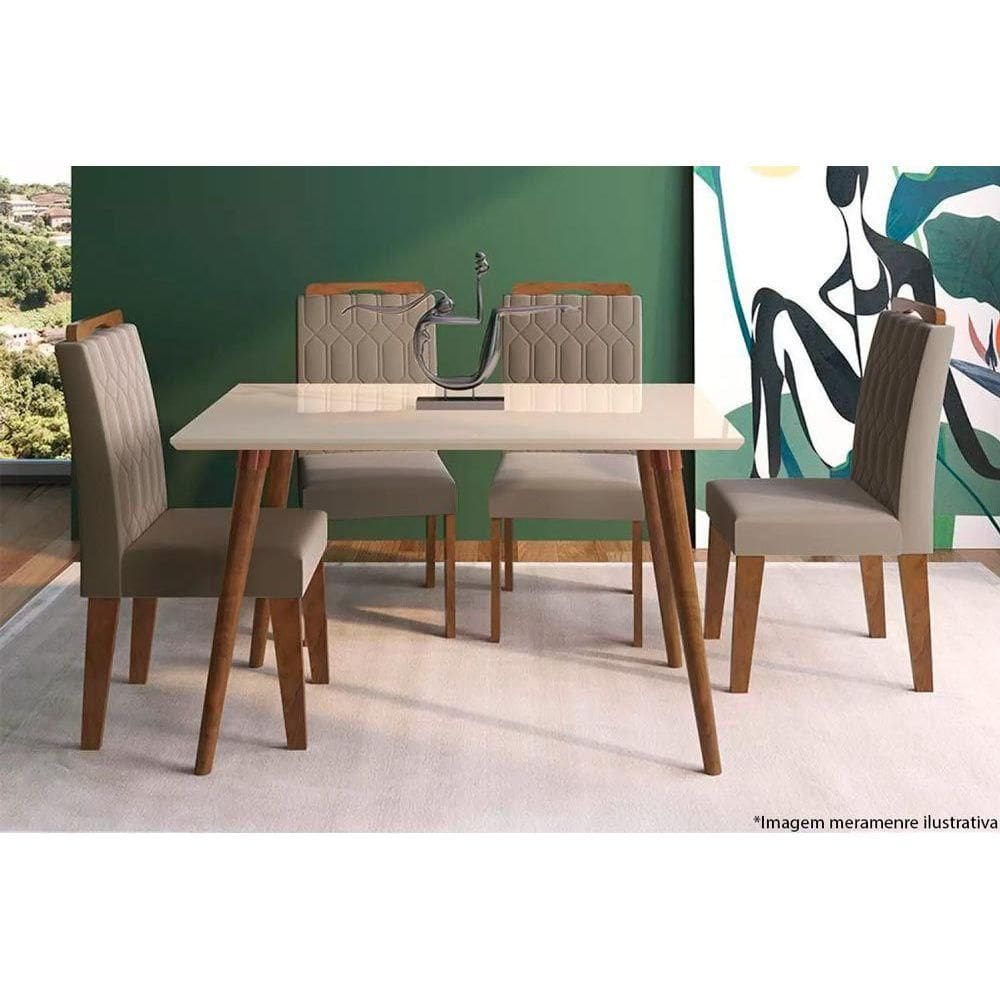 Conjunto: Mesa de Cozinha Adele Madeira Maciça Tampo Madeirado c/ Vidro 130x80cm e 4 Cadeiras Paola Carvalho/Off White - Suede Joli Capuccino - Cimol