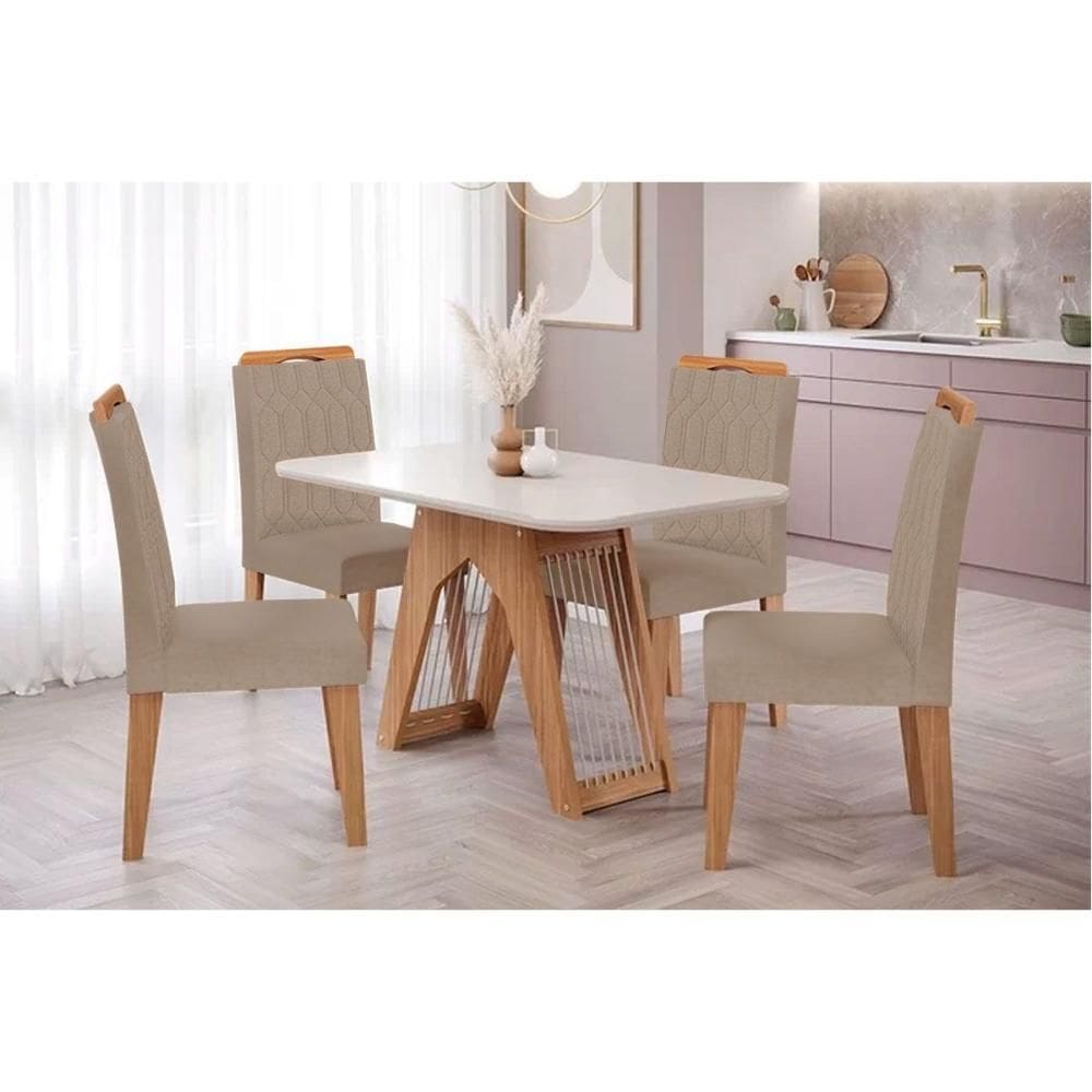 Conjunto: Mesa Sala Jantar Carol Tampo Madeirado c/ Vidro 130x80cm e 4 Cadeiras Paola Nature/Suede Joli Chocolate - Cimol