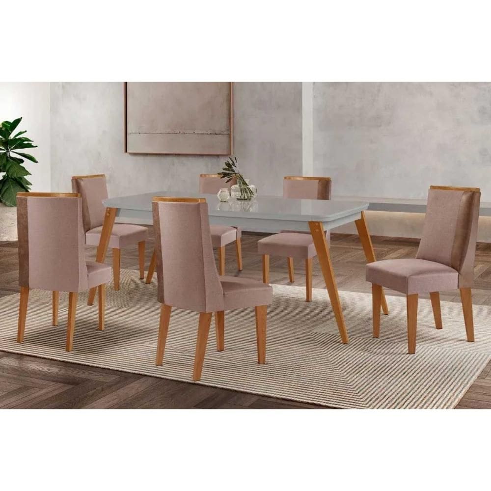 Conjunto: Mesa de Cozinha Havana c/ Tampo Madeirado c/ Vidro Canto Curvo 180x90cm e 6 Cadeiras Tilia Naturale/Off White - Linho Capuccino - Rufato