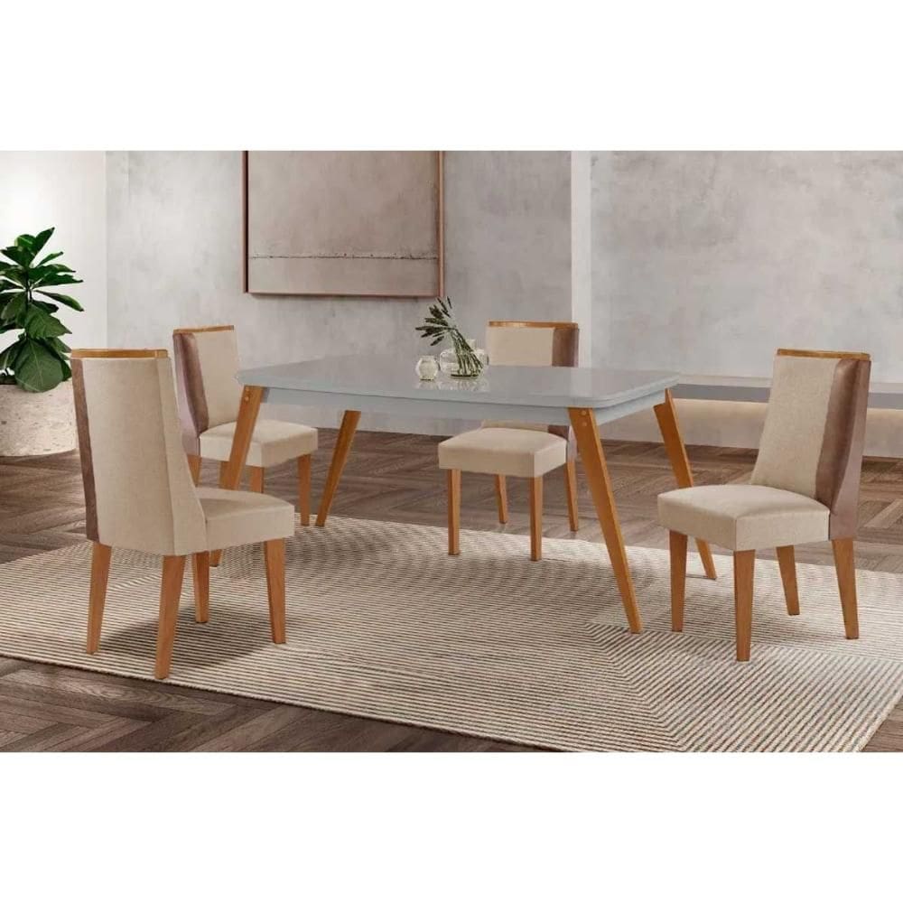 Conjunto: Mesa de Cozinha Havana c/ Tampo Madeirado c/ Vidro Canto Curvo 120x80cm e 4 Cadeiras Tilia Naturale/Off White - Suede Creme - Rufato