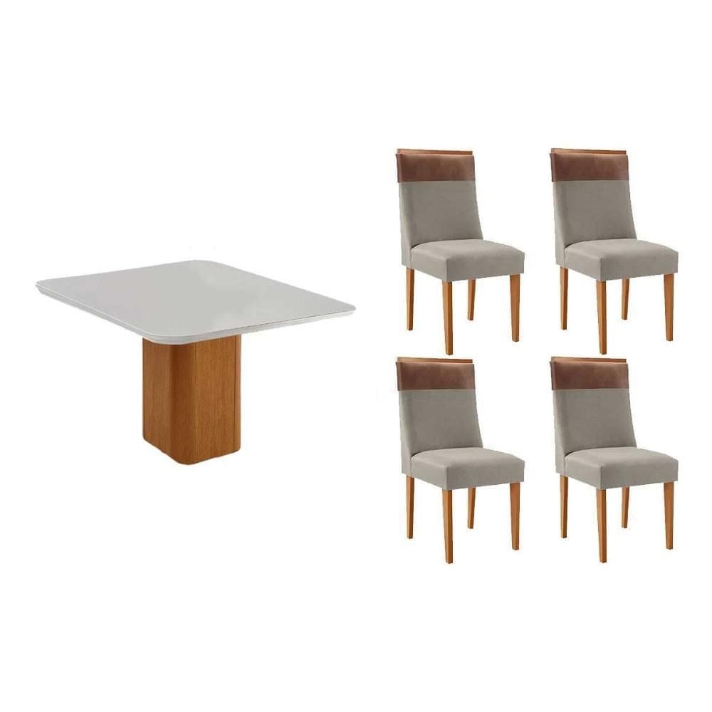 Conjunto: Mesa de Cozinha Maldivas c/ Tampo Madeirado c/ Vidro Canto Curvo 90x90cm e 4 Cadeiras Jaspe Naturale/Off White - Suede Capuccino - Rufato