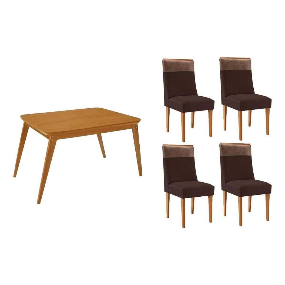 Conjunto: Mesa de Cozinha Havana c/ Tampo Madeirado Canto Curvo 120x80cm e 4 Cadeiras Jaspe Naturale - Suede Marrom - Rufato