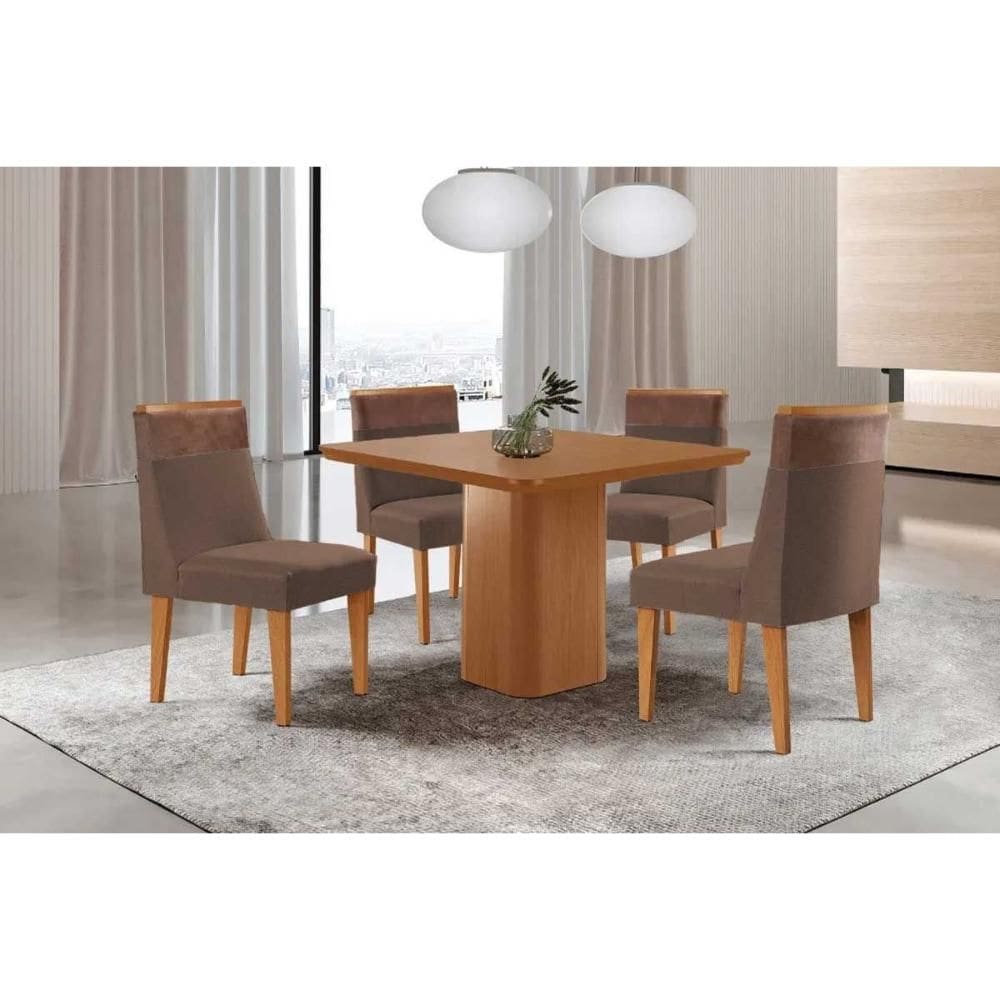 Conjunto: Mesa de Cozinha Maldivas c/ Tampo Madeirado Canto Curvo 90x90cm e 4 Cadeiras Jaspe Naturale - Suede Marrom - Rufato