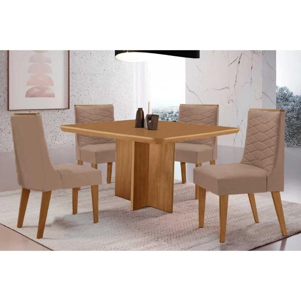 Conjunto: Mesa de Cozinha Berlim c/ Tampo Madeirado Canto Curvo 90x90cm e 4 Cadeiras Maldivas Naturale - Suede Capuccino - Rufato