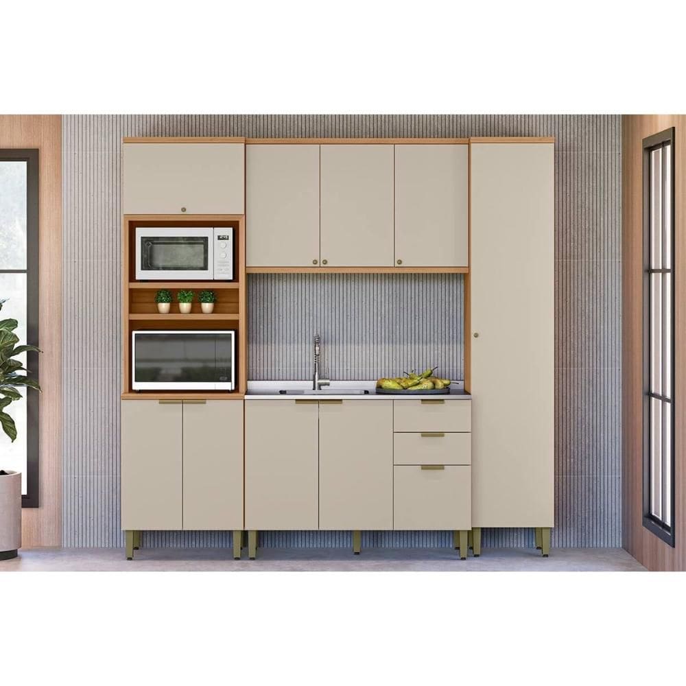 Cozinha Modulada Completa Selene 4 Peças (1Aéreo+1Balcão+1Paneleiro+1TorreQuente) CP10 Jequitiba/Off White Fosco - Linea Brasil