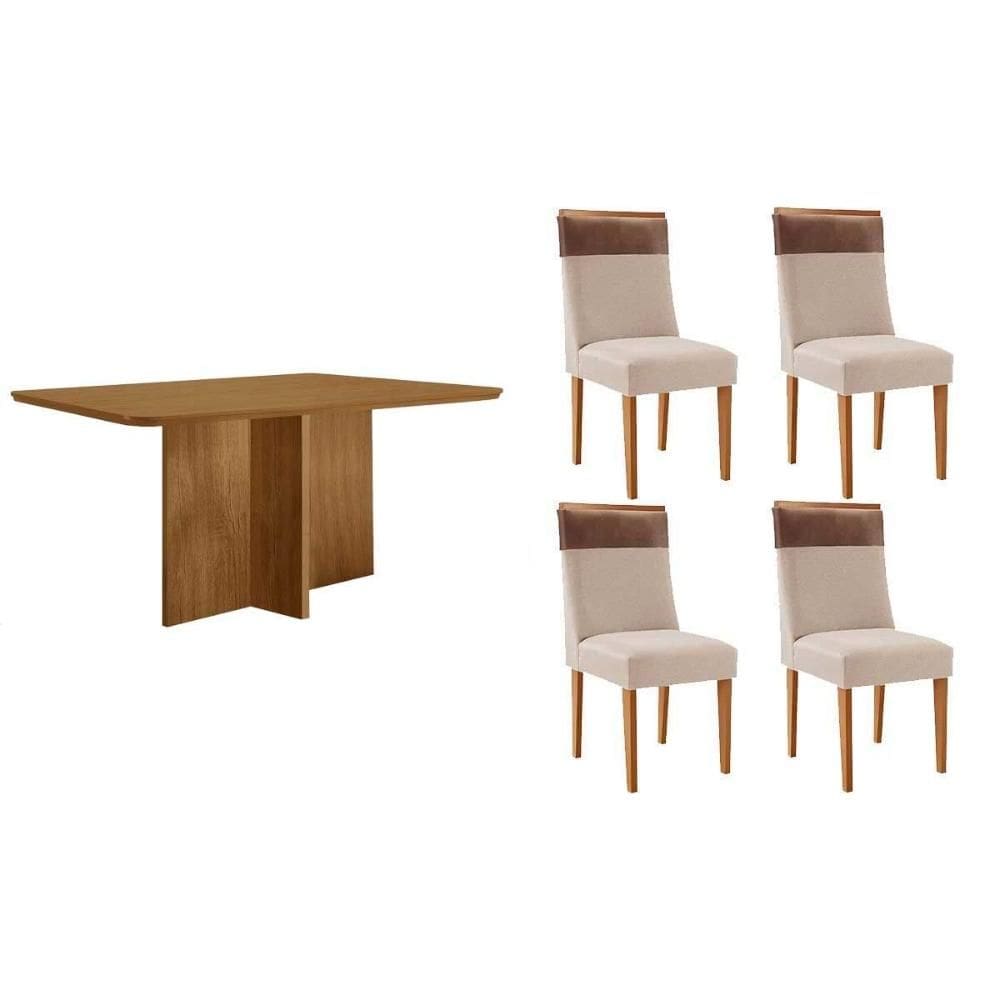 Conjunto: Mesa de Cozinha Berlim c/ Tampo Madeirado Canto Curvo 120x80cm e 4 Cadeiras Jaspe Naturale - Suede Creme - Rufato