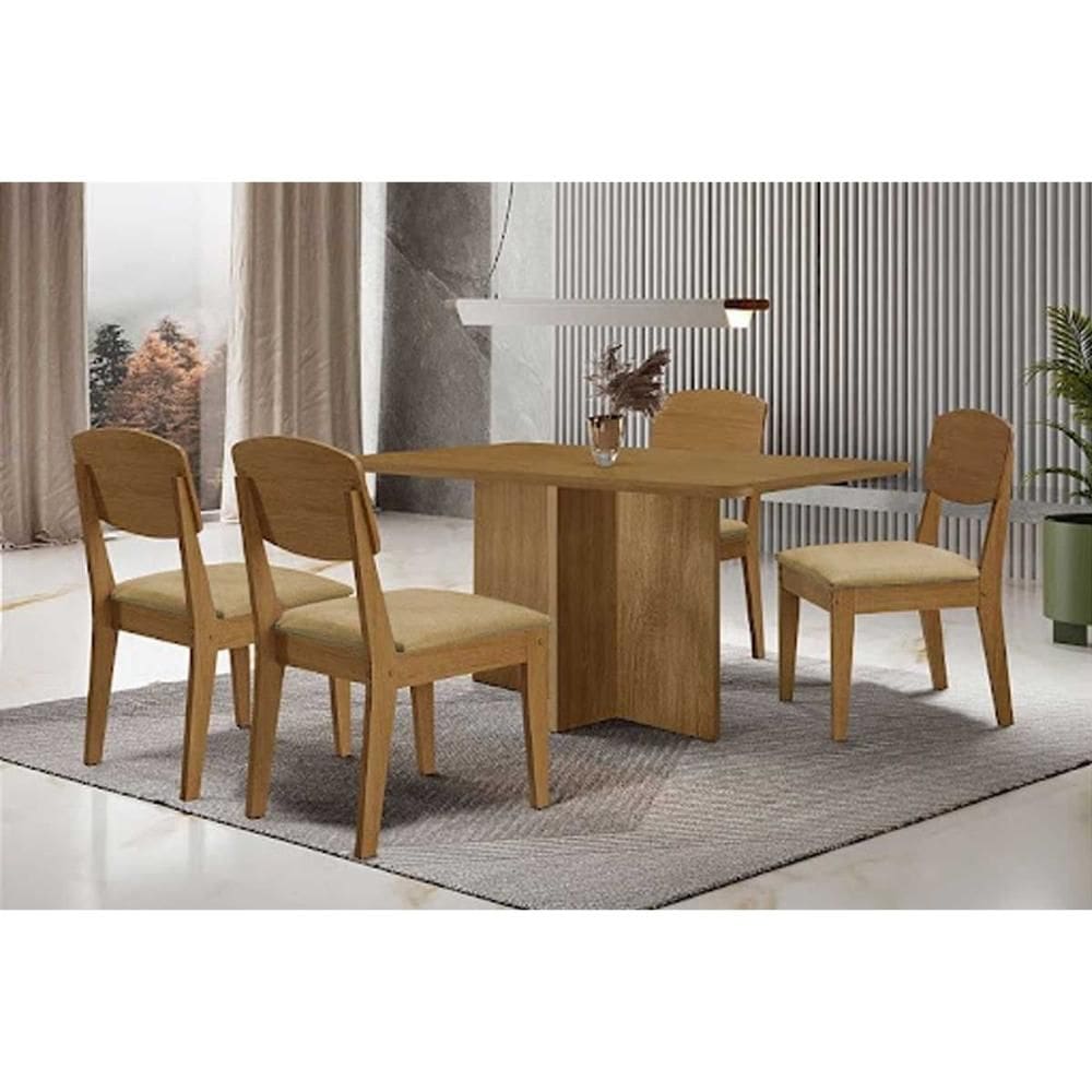 Conjunto: Mesa de Cozinha Berlim c/ Tampo Madeirado Canto Curvo 120x80cm e 4 Cadeiras Havana Naturale - Linho Bege - Rufato