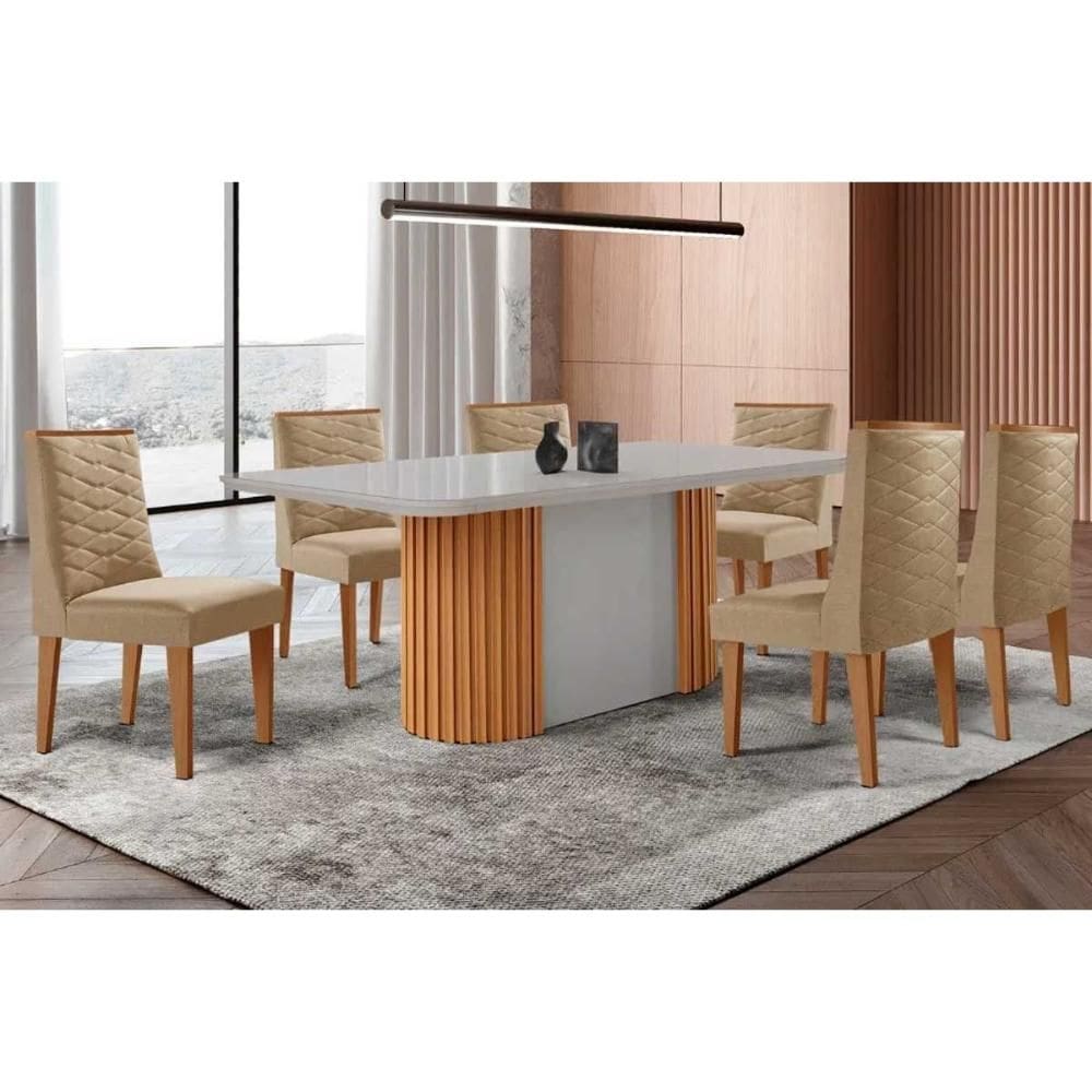 Conjunto: Mesa de Cozinha Pilar c/ Tampo Madeirado c/ Vidro Canto Curvo 180x90cm e 6 Cadeiras Dafne Naturale/Off White - Linho Bege - Rufato