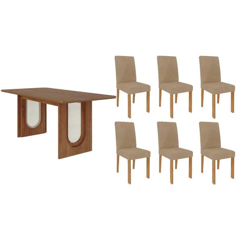 Conjunto: Mesa de Cozinha Valentina Tampo Madeirado 180x90cm e 6 Cadeiras Maia Cinamomo - Nature/Suede Gengibre Bege - Cimol