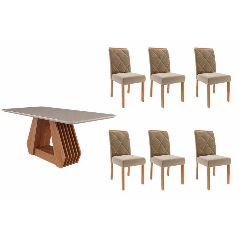 Conjunto: Mesa de Cozinha Ágata Tampo Madeirado c/ Vidro 180x90cm e 6 Cadeiras Fernanda Cinamomo/Off White - Carvalho/Suede Joli Capuccino - Cimol