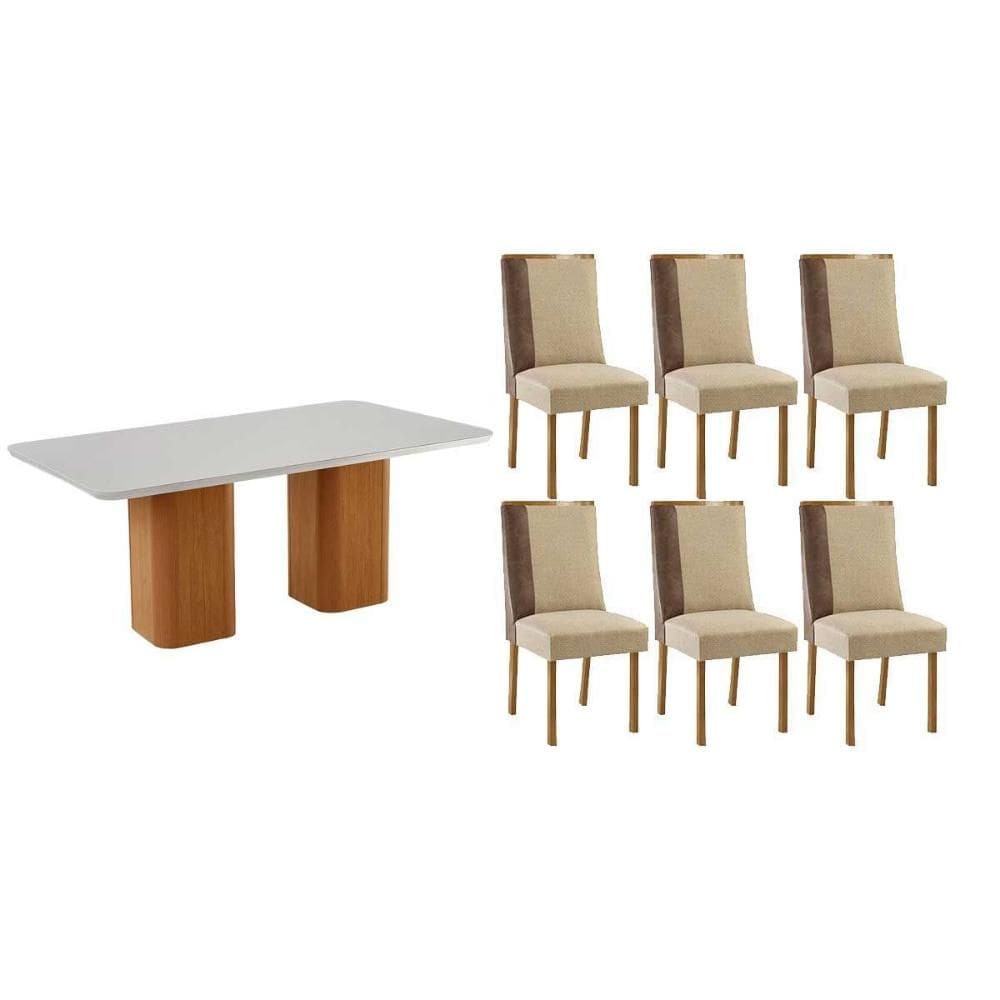 Conjunto: Mesa de Cozinha Maldivas c/ Tampo Madeirado c/ Vidro Canto Curvo 180x90cm e 6 Cadeiras Tilia Naturale/Off White - Linho Bege - Rufato