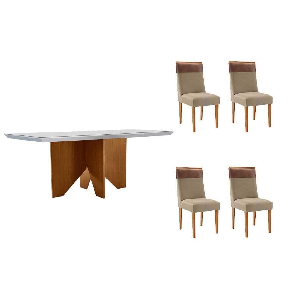 Conjunto: Mesa de Cozinha Nevada c/ Tampo Madeirado c/ Vidro Canto Curvo 120x80cm e 4 Cadeiras Jaspe Naturale/Off White - Linho Bege - Rufato