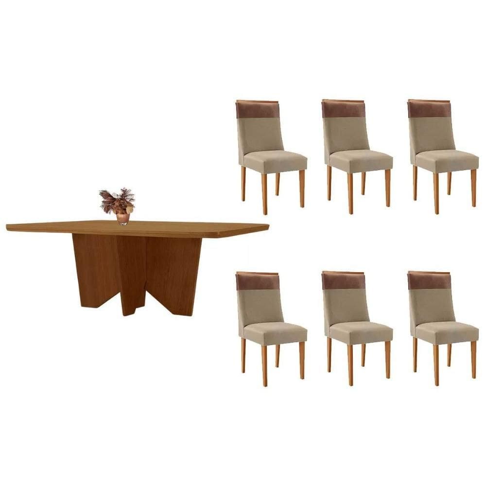 Conjunto: Mesa de Cozinha Nevada c/ Tampo Madeirado Canto Curvo 180x90cm e 6 Cadeiras Jaspe Naturale - Linho Bege - Rufato