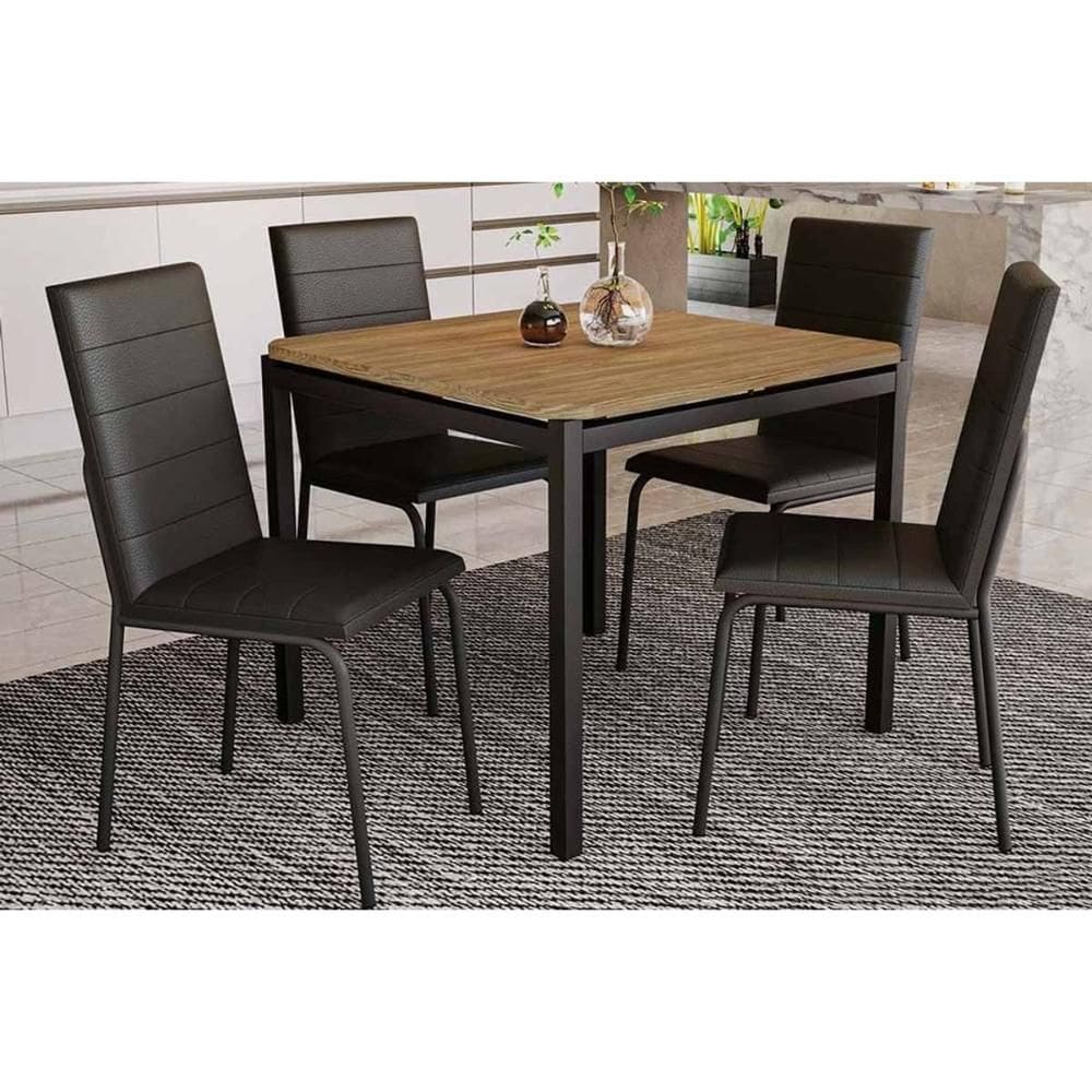 Conjunto: Mesa Sala Jantar Reno c/ Tampo de Madeira 90cm e 4 Cadeiras Amsterdã Preto Fosco/Corano Preto 110 - Kappesberg