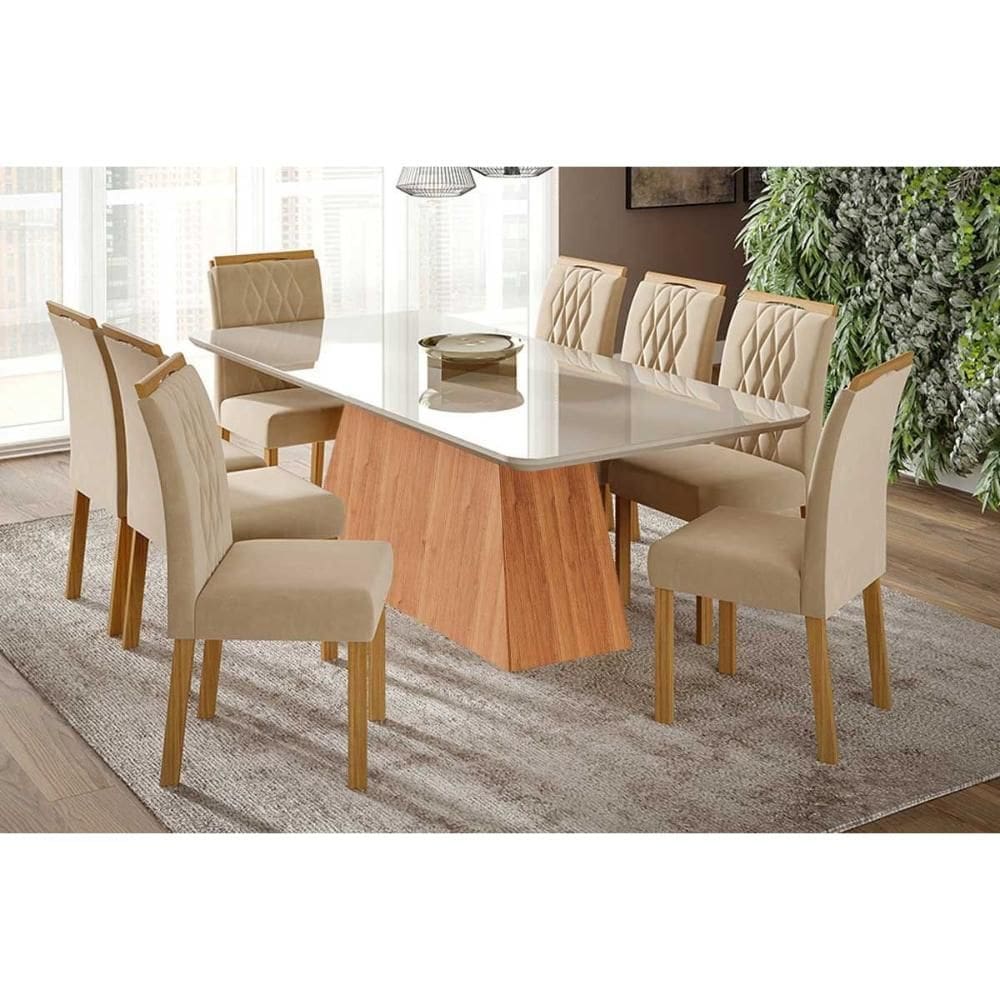 Conjunto: Mesa Sala Jantar Helena Tampo Madeirado c/ Vidro 210x100cm e 8 Cadeiras Juliana Cinamomo/Off White - Carvalho/Suede Nude Bege - Cimol