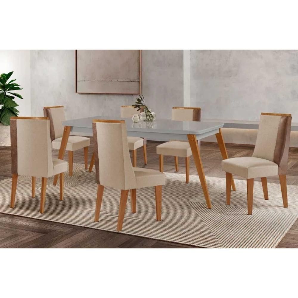 Conjunto: Mesa de Cozinha Havana c/ Tampo Madeirado c/ Vidro Canto Curvo 180x90cm e 6 Cadeiras Tilia Naturale/Off White - Suede Creme - Rufato