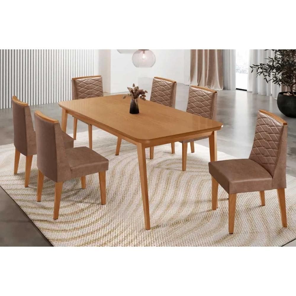 Conjunto: Mesa de Cozinha Havana c/ Tampo Madeirado Canto Curvo 180x90cm e 6 Cadeiras Maldivas Naturale - Corano Capuccino - Rufato