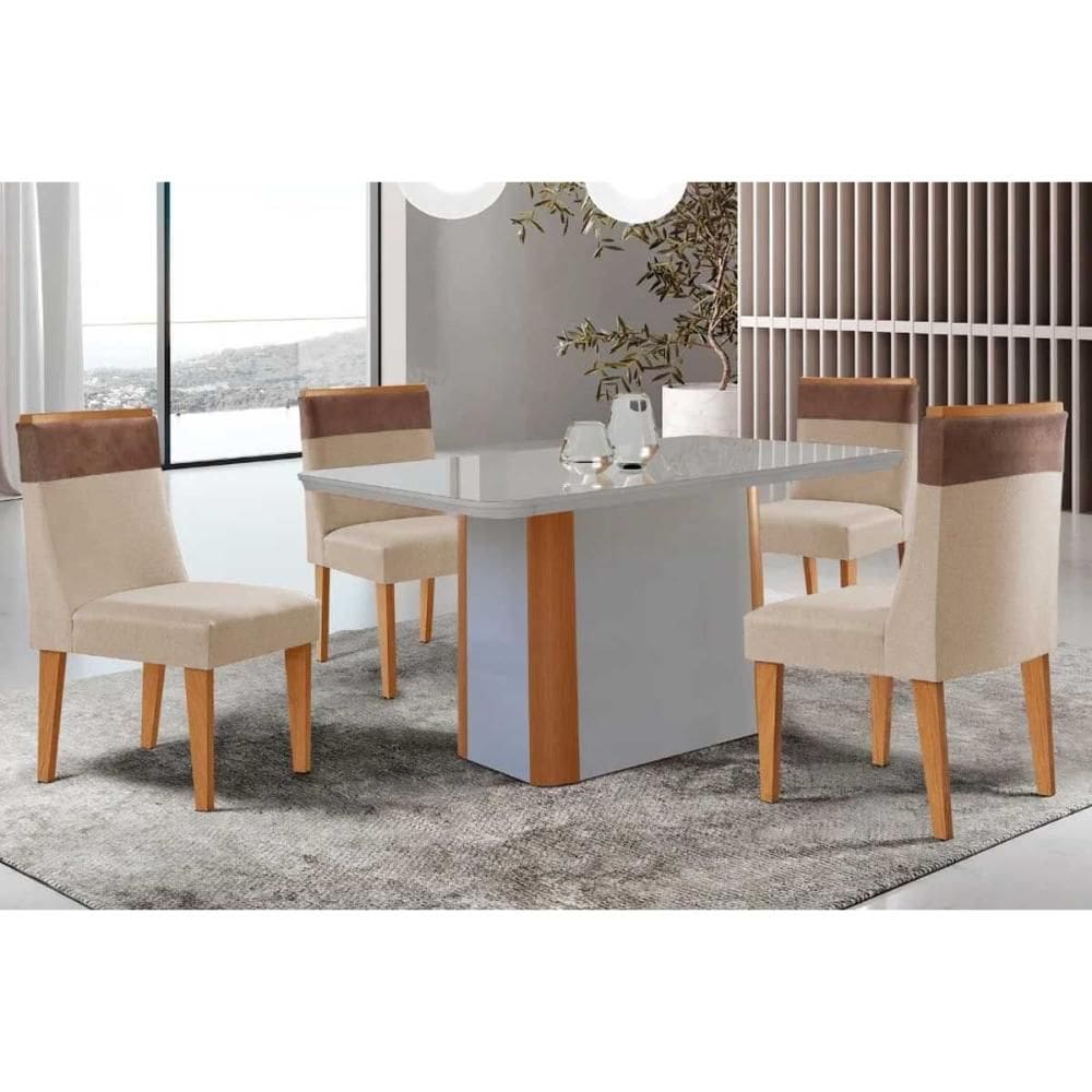 Conjunto: Mesa de Cozinha Pietá c/ Tampo Madeirado c/ Vidro Canto Curvo 120x80cm e 4 Cadeiras Jaspe Naturale/Off White - Suede Creme - Rufato