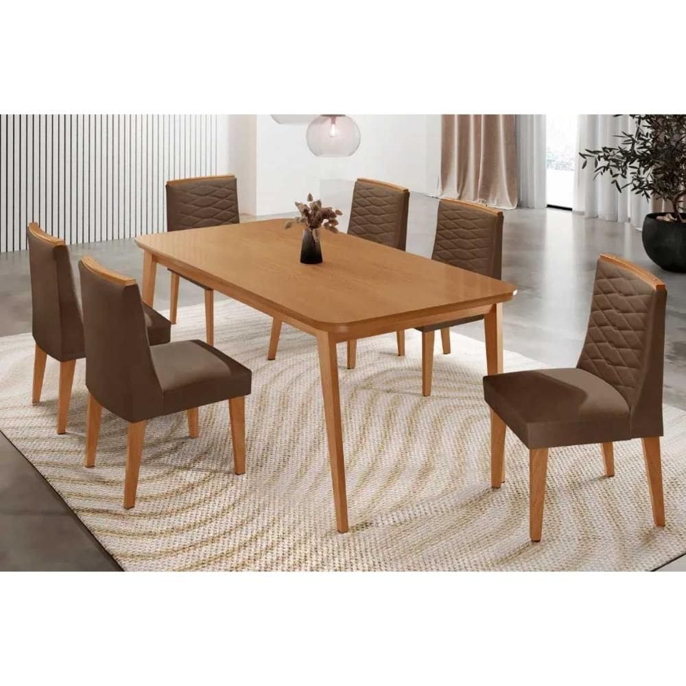 Conjunto: Mesa de Cozinha Havana c/ Tampo Madeirado Canto Curvo 180x90cm e 6 Cadeiras Maldivas Naturale - Suede Marrom - Rufato