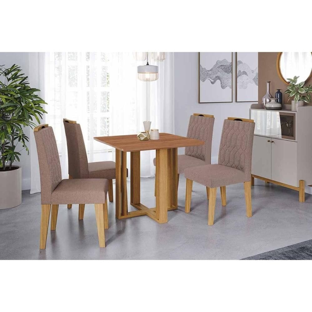 Conjunto: Mesa de Cozinha Flora Tampo Madeirado 95x95cm e 4 Cadeiras Paola Cinamomo - Carvalho/Linho Bege - Cimol