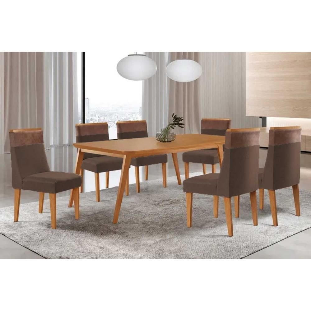 Conjunto: Mesa de Cozinha Havana c/ Tampo Madeirado Canto Curvo 180x90cm e 6 Cadeiras Jaspe Naturale - Suede Marrom - Rufato