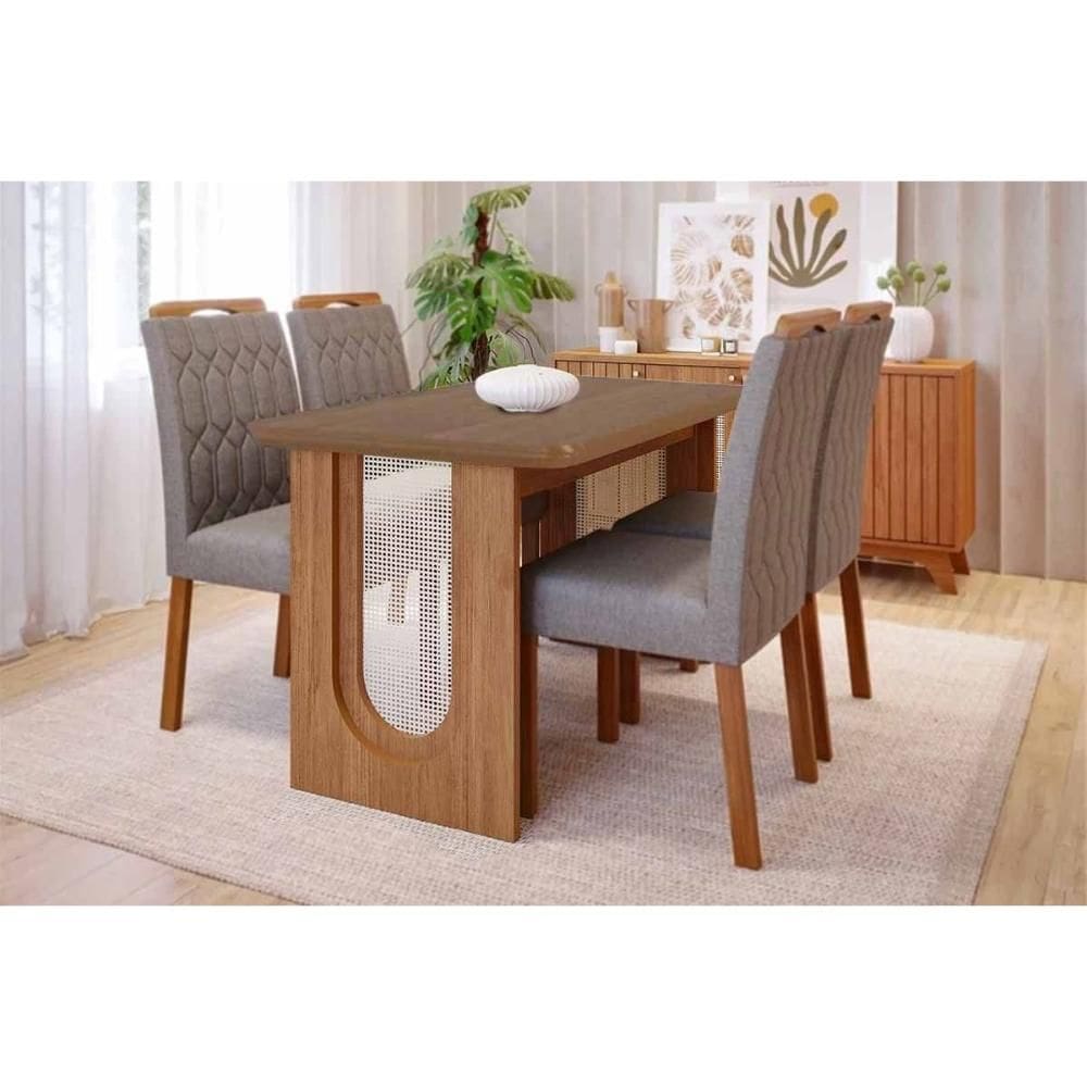 Conjunto: Mesa de Cozinha Valentina c/ Tampo Madeirado 130x80cm e 4 Cadeiras Paola Cinamomo - Carvalho/Linho Grafite - Cimol