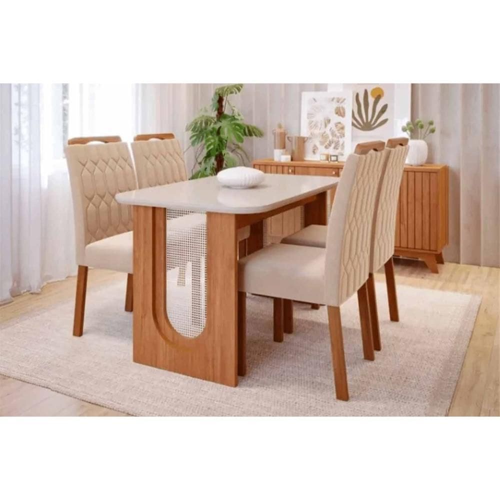 Conjunto: Mesa de Cozinha Valentina Tampo Madeirado c/ Vidro 130x80cm e 4 Cadeiras Paola Cinamomo/Off White - Carvalho/Suede Nude Bege - Cimol