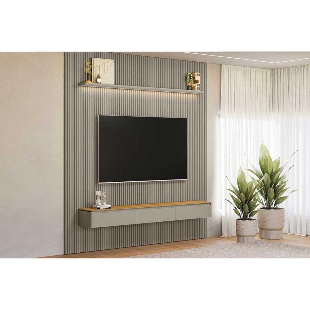 Rack Bancada c/ Painel p/ TV até 90 Pol Modular 2.6 Ripado 2 Portas 1 Prat. 258x250cm Tauari/Gris Fosco - Linea Brasil