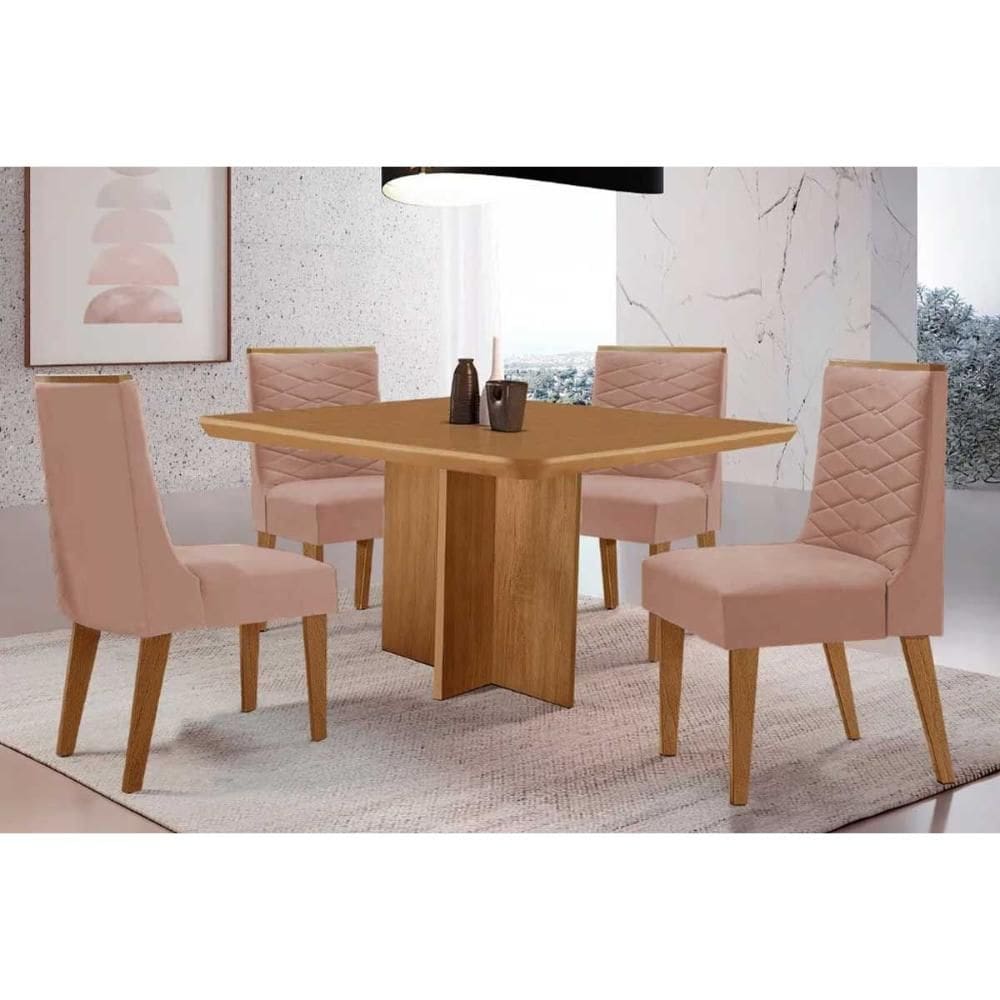 Conjunto: Mesa de Cozinha Berlim c/ Tampo Madeirado Canto Curvo 90x90cm e 4 Cadeiras Maldivas Naturale - Linho Capuccino - Rufato