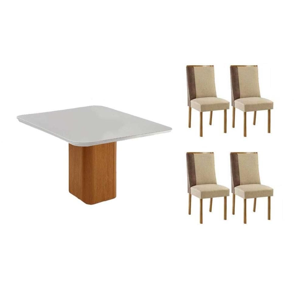 Conjunto: Mesa de Cozinha Maldivas c/ Tampo Madeirado c/ Vidro Canto Curvo 90x90cm e 4 Cadeiras Tilia Naturale/Off White - Linho Bege - Rufato