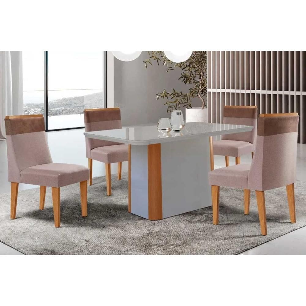 Conjunto: Mesa de Cozinha Pietá c/ Tampo Madeirado c/ Vidro Canto Curvo 120x80cm e 4 Cadeiras Jaspe Naturale/Off White - Linho Capuccino - Rufato