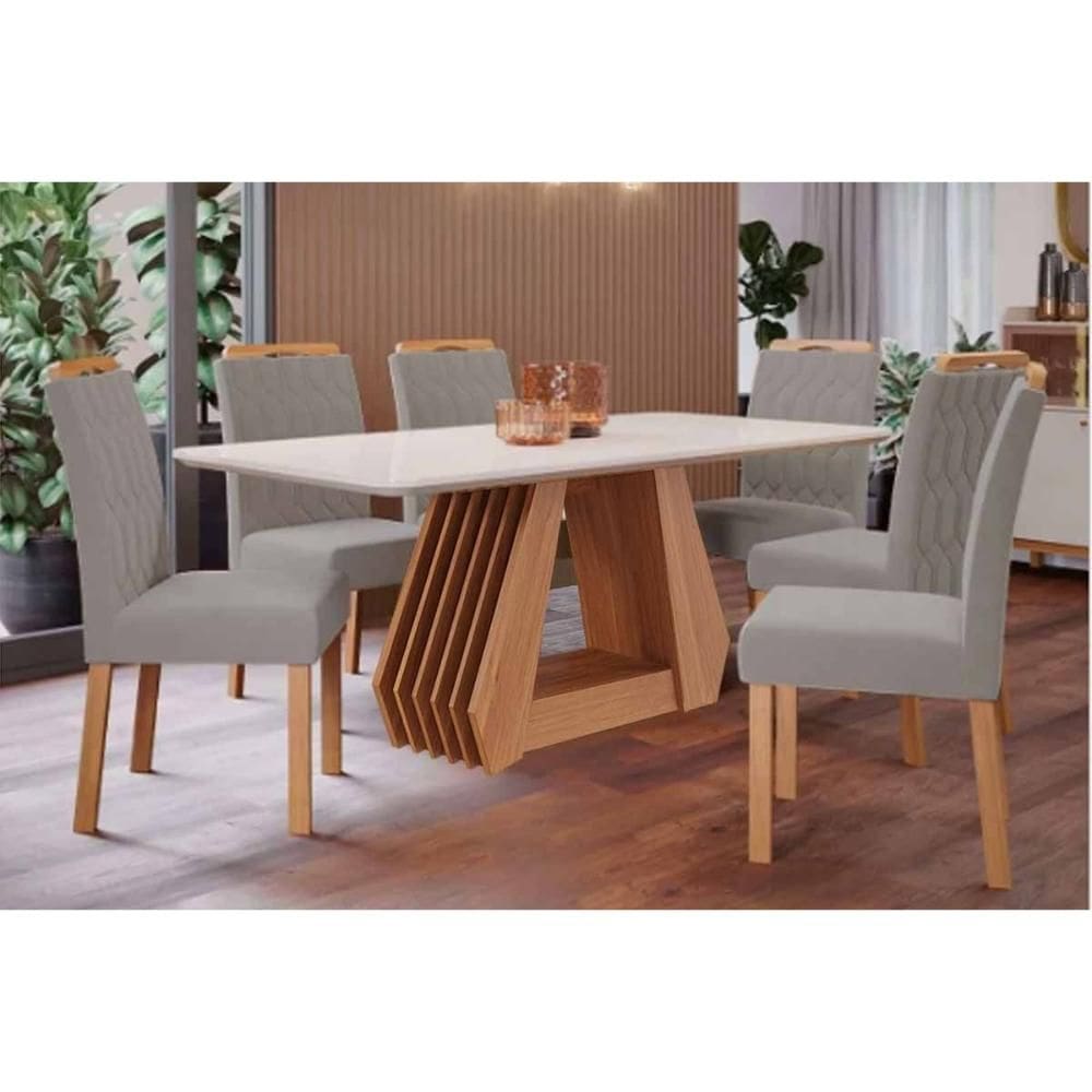 Conjunto: Mesa de Cozinha Ágata Tampo Madeirado c/ Vidro 180x90cm e 6 Cadeiras Paola Cinamomo/Off White - Carvalho/Linho Grafite - Cimol