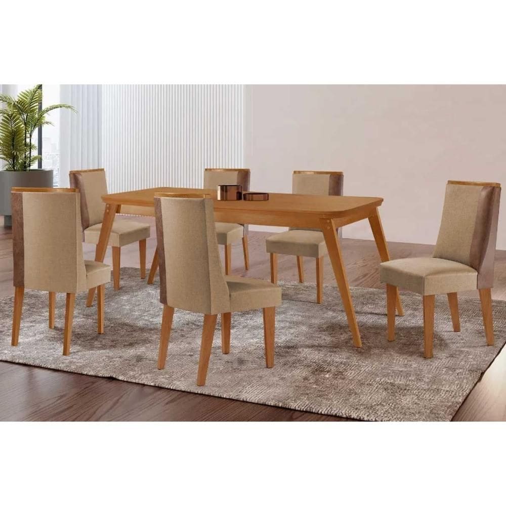 Conjunto: Mesa de Cozinha Havana c/ Tampo Madeirado Canto Curvo 180x90cm e 6 Cadeiras Tilia Naturale - Linho Bege - Rufato