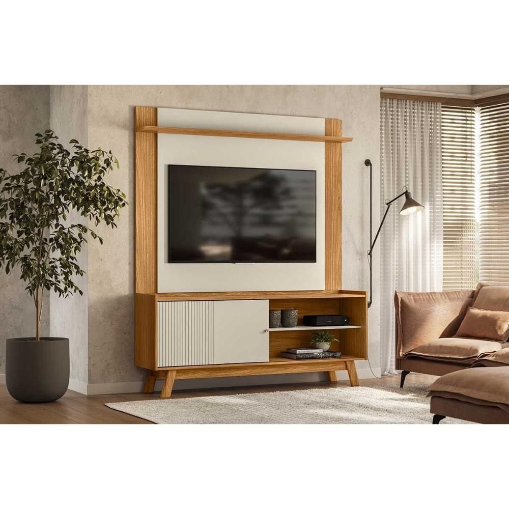 Rack Bancada c/ Painel p/ TV até 65 Pol Aurum/Tulum 1 Pta Correr 1 Prat Pés 160x190cm Nature/Off White - Linea Brasil