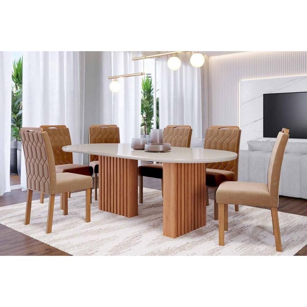 Conjunto: Mesa de Cozinha Ester Tampo Madeirado Oval c/ Vidro 210x100cm e 6 Cadeiras Paola Cinamomo/Off White - Carvalho/Suede Nude Bege - Cimol