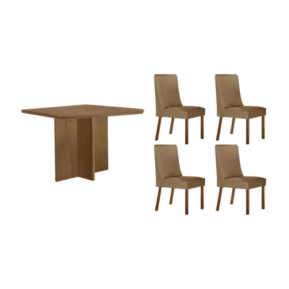 Conjunto: Mesa de Cozinha Berlim c/ Tampo Madeirado Canto Curvo 90x90cm e 4 Cadeiras Dakota Naturale - Linho Bege - Rufato